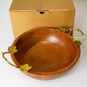 Object d’ Arts Hand Crafted 13” Wooden Salad Bowl - Brass Leaf Handles & Tag NIB